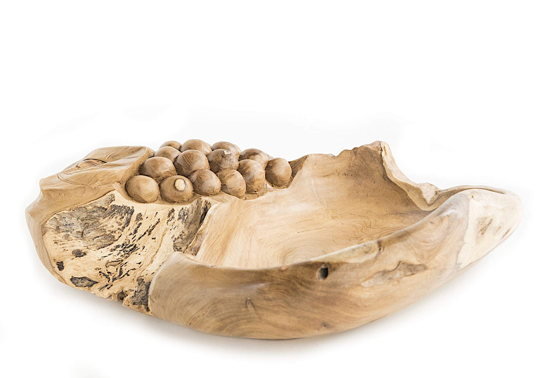 WINDALF Handmade Teakwurzelholz-Obstschale ZEA 37 cm Weintrauben mit Blatt Bohemian Holzschale Handa