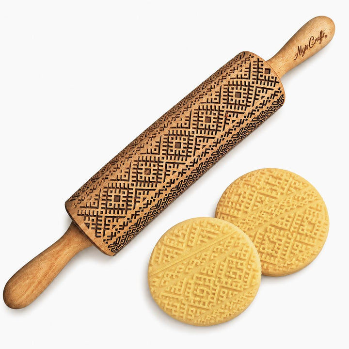 ETHNOBAND Nudelholz für hausgemachtes Gebäck und Keramik. Teigroller mit Volksmotiv für Teig & Plätz