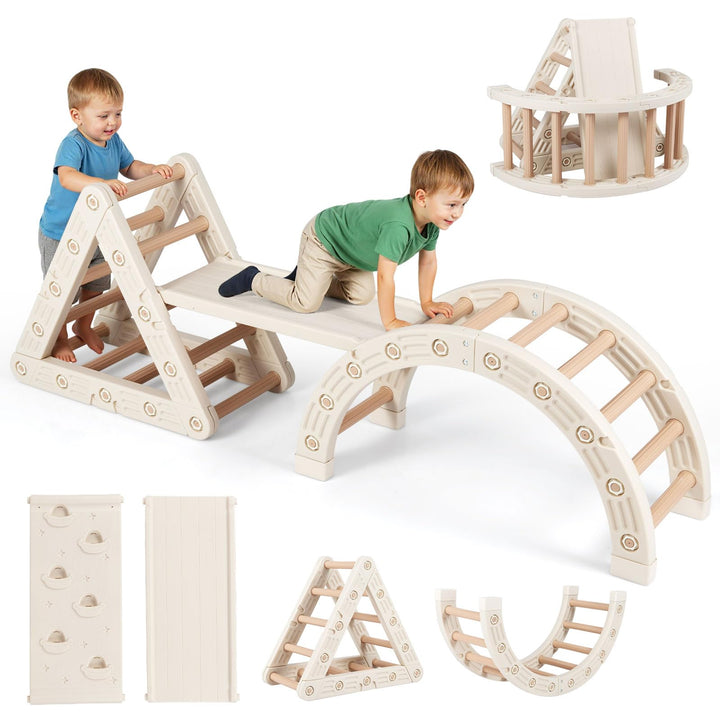 Costway 5-in-1 Klettergerüst Indoor, Kletterdreieck mit Kletterbogen & Holzdreieck & Rutsche, inkl.