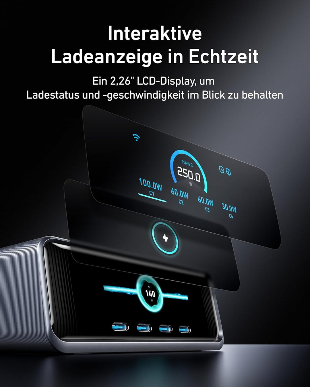 Anker Prime 250W USB-C Ladegerät, Ultra-schnelle 6-Port GaN Ladestation, 2,26" LCD-Display und Smart