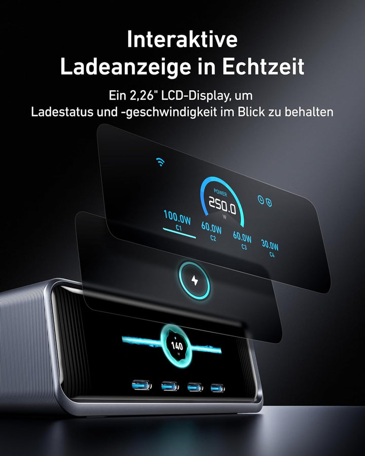Anker Prime 250W USB-C Ladegerät, Ultra-schnelle 6-Port GaN Ladestation, 2,26" LCD-Display und Smart
