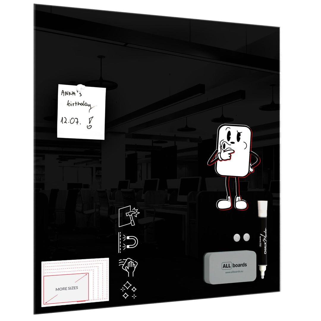 ALLboards Glasboard Magnetisch Schwarz 50x50cm, Rahmenlos, Glastafel, Magnettafel, Gehärtetes Glas,