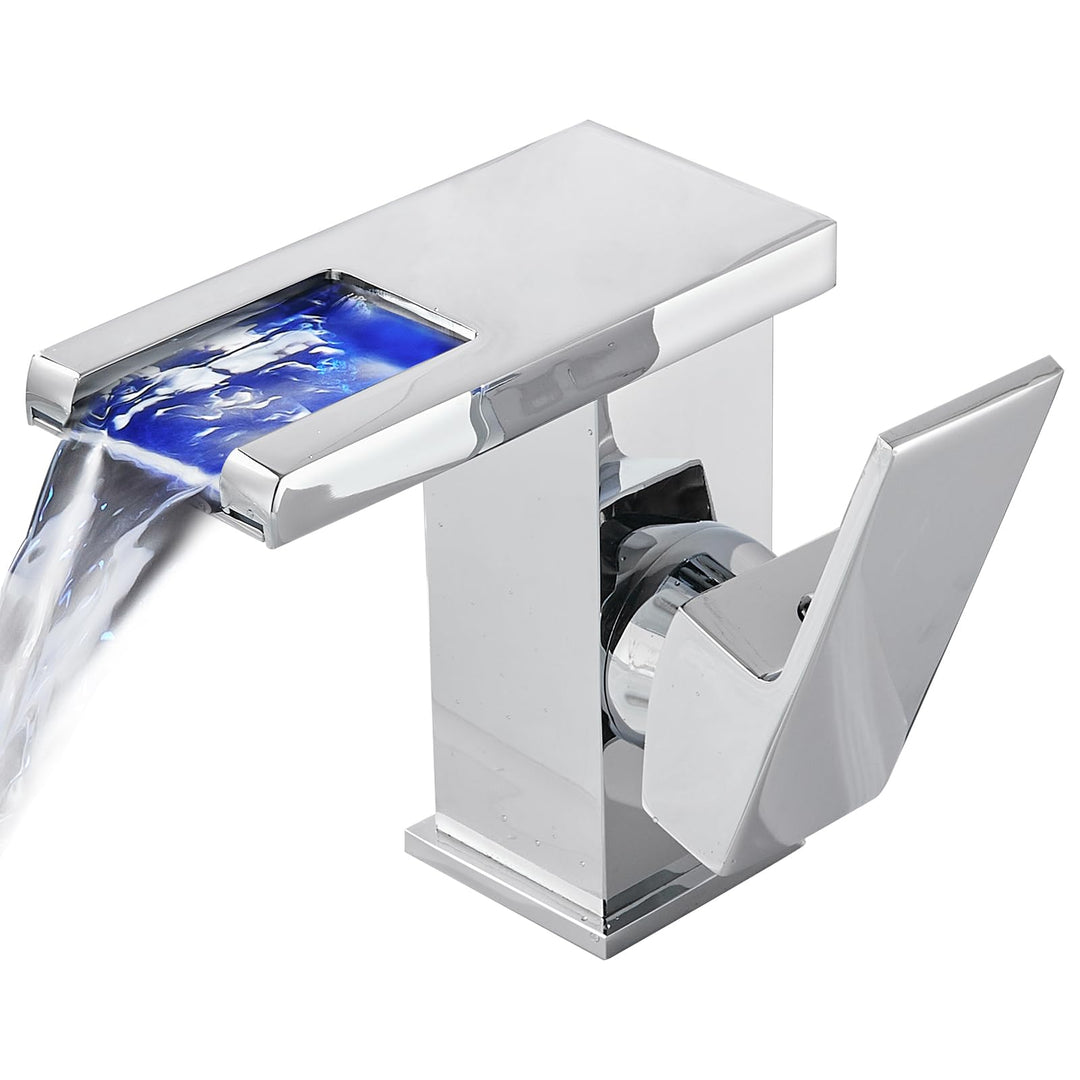 Batterielose LED Wasserhahn Bad, OUGOO Wasserfall RGB 3 Farbwechsel Waschtischarmatur nach Temperatu