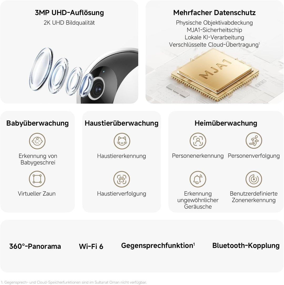 XIAOMI C302 Überwachungskamera Innen 2K, 360 Grad Kamera Überwachung Innen, KI-Erkennung, Physische