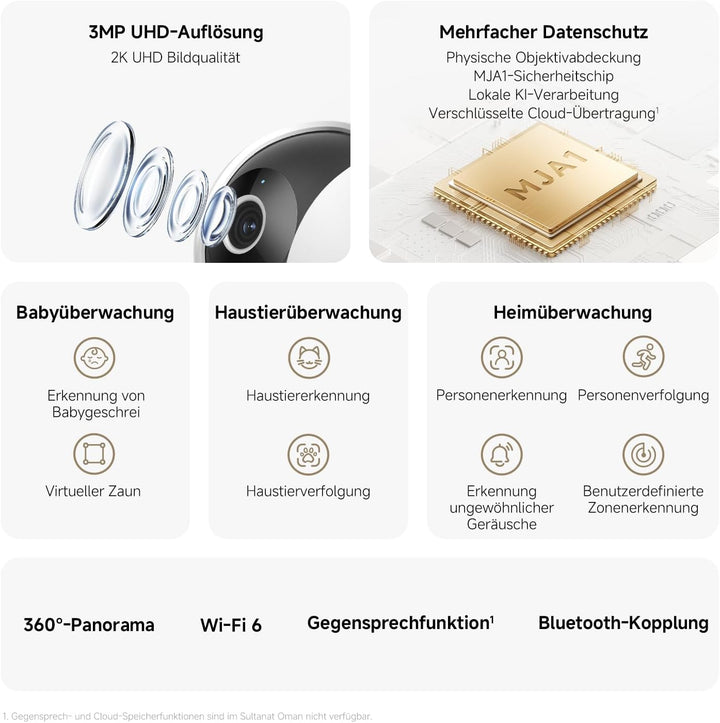 XIAOMI C302 Überwachungskamera Innen 2K, 360 Grad Kamera Überwachung Innen, KI-Erkennung, Physische
