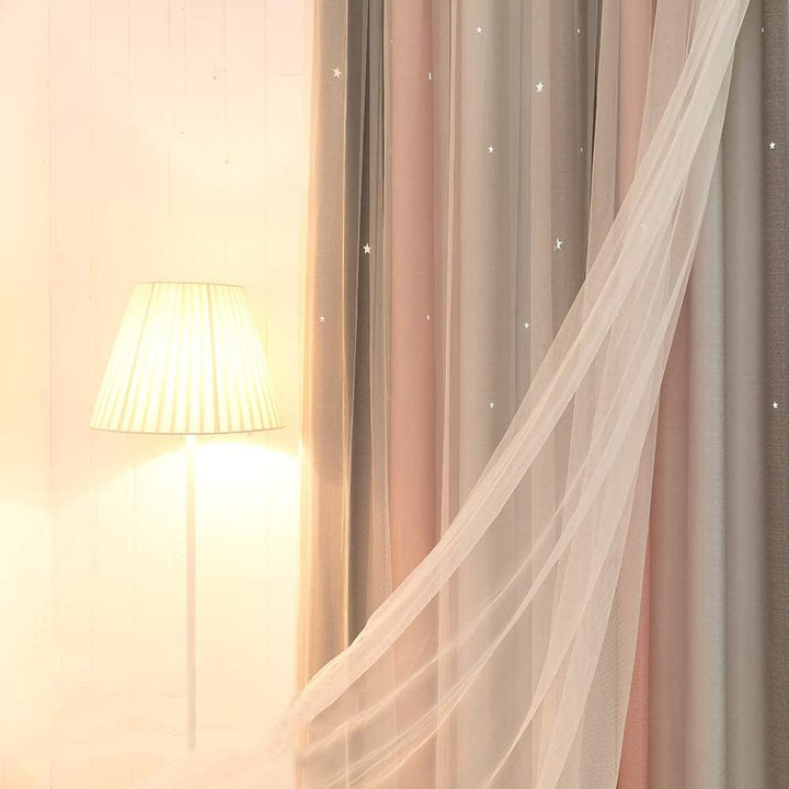 Freyamy Gardinen Rosa Grau Glänzend Sterne Vorhänge Blickdicht Kinderzimmer Halbtransparent H 130 X