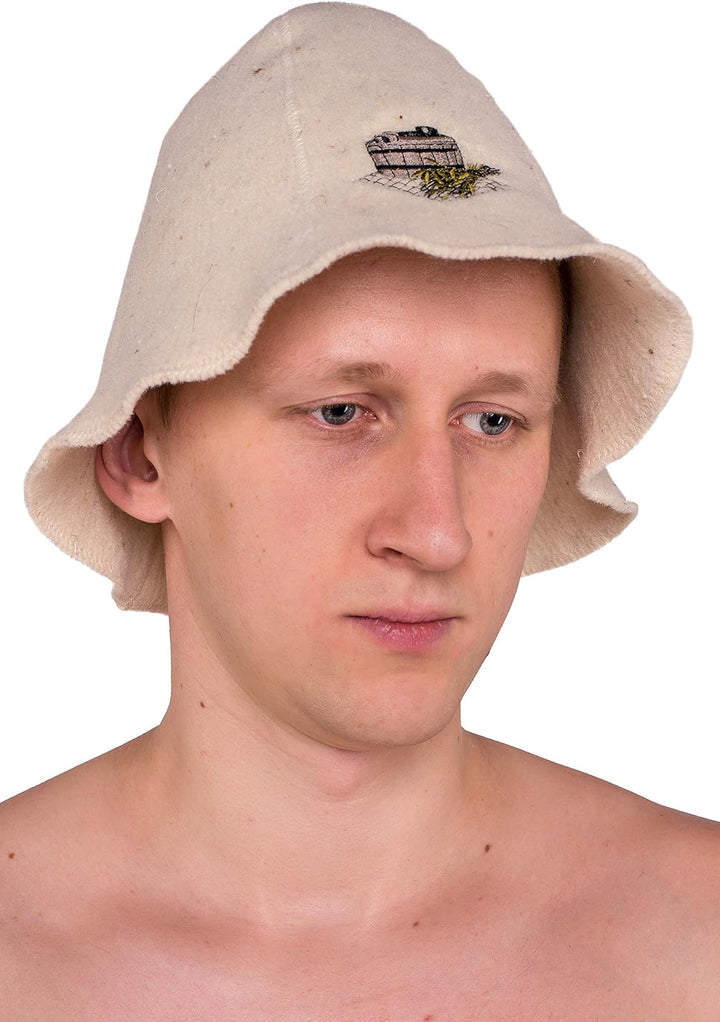 Ger3as Saunahut 100% Wolle mit Stickerei für Damen und Herren, Wellness Mütze Premium Qualität Bad S