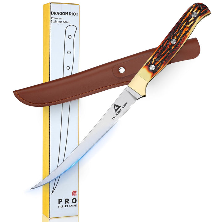 DRAGON RIOT Filetiermesser Fisch, 15.3 CM Fishing Edelstahl Fischmesser mit Anti-Rutsch-Griff，Ausbei