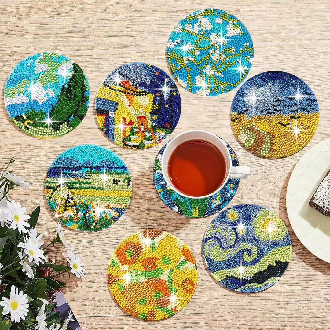 Muzagroo Art Van Gogh Diamond Painting Coasters Kits with Holder Coaster Art Kits for Beginners Diam
