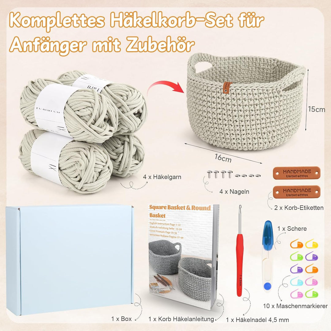 Coopay Häkelset für Anfänger, Rund Körbe Häkel Set mit Häkelanleitung, DIY Häkelset für Körbe Häkeln