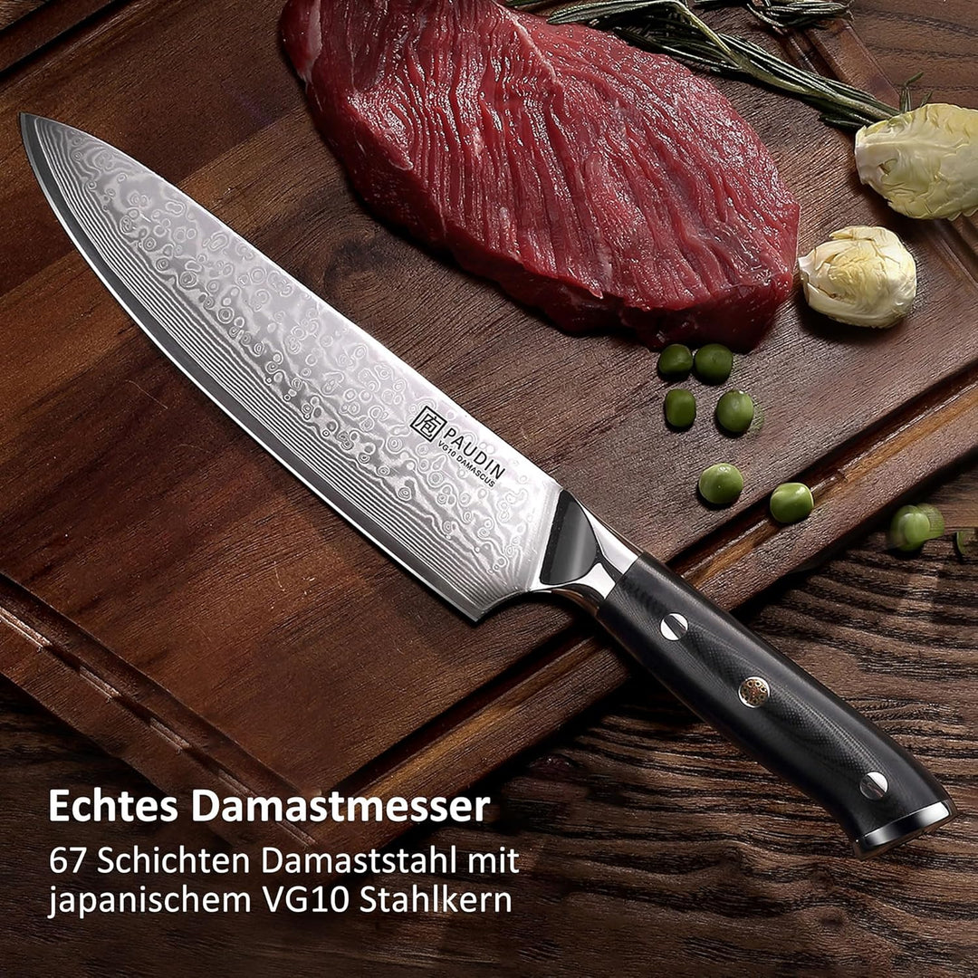 PAUDIN Damastmesser Kochmesser Küchenmesser 20 cm Damaststahl Messer mit Ergonomischem G10-Griff Dam