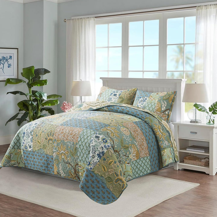 NEWLAKE Tagesdecke-Set mit echter Stickerei, Bohemian-Blumenmuster, King-Size King Böhmisches Blumen