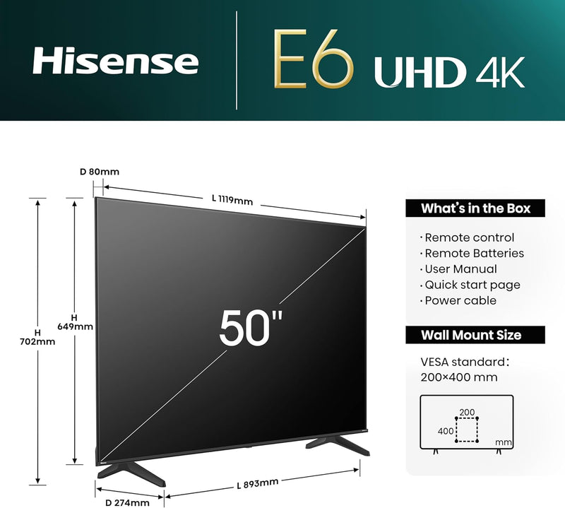 Hisense 50E6NT 127cm (50 Zoll) Fernseher, 4K UHD Smart TV, Precision Colour, HDR, Dolby Vision, 60Hz