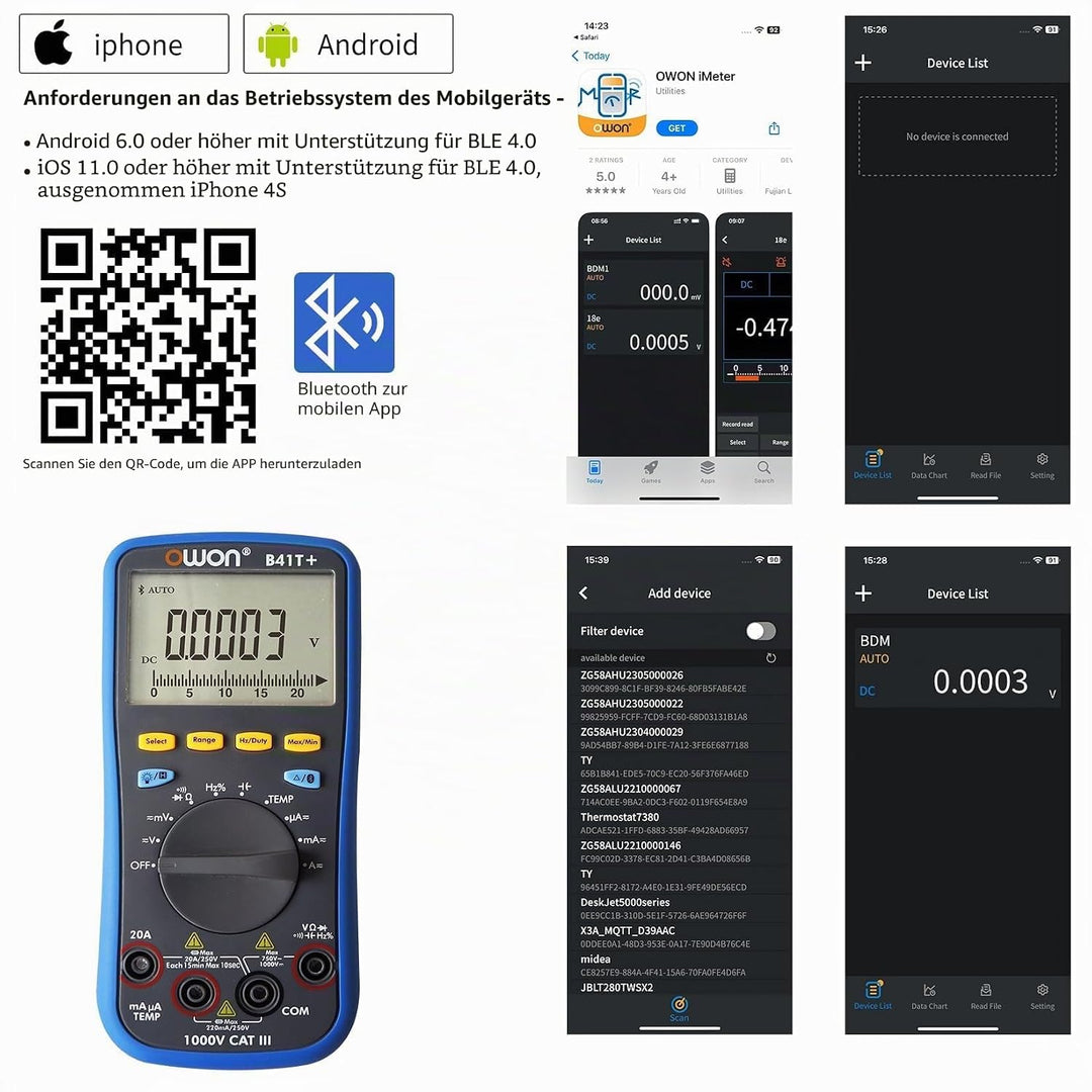 OWON B41T+ Bluetooth Digitalmultimeter TRMS 22000 Counts Ohmmeter mit automatischer Bereichswahl für