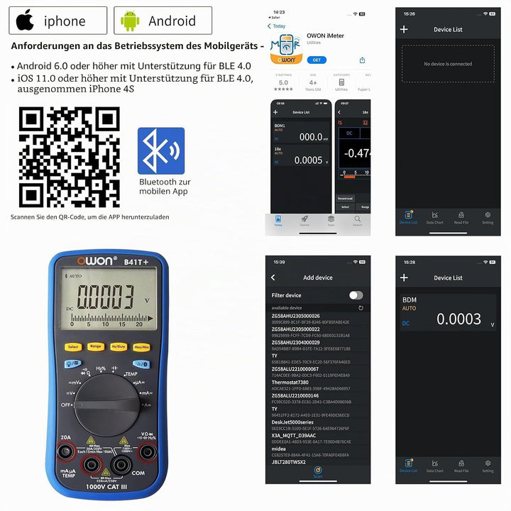 OWON B41T+ Bluetooth Digitalmultimeter TRMS 22000 Counts Ohmmeter mit automatischer Bereichswahl für