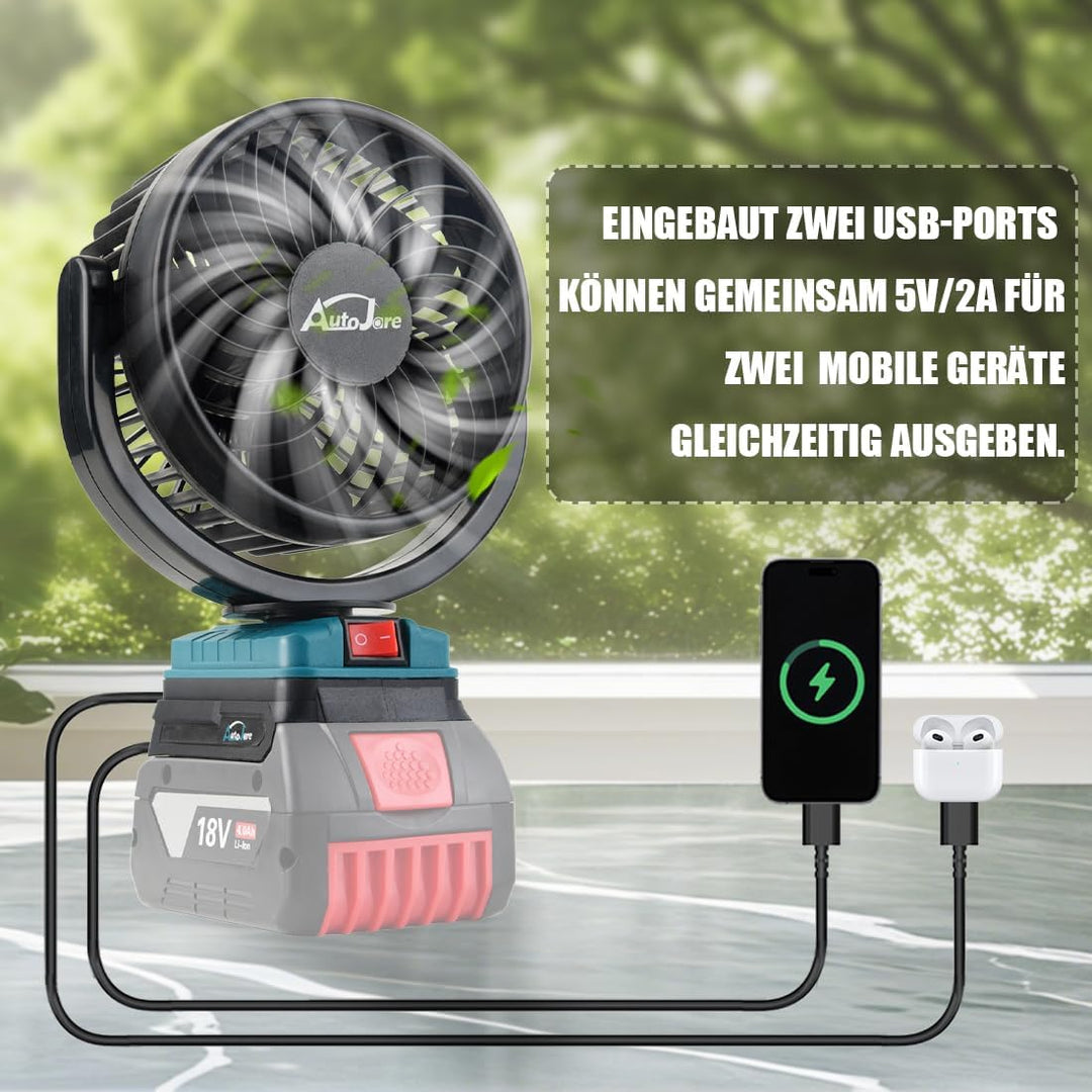 Akku-Lüfter Kompatibel mit Bosch 18V Mini Ventilator mit 2 USB-Aufladung 360° drehbar Tragbarer Lüft