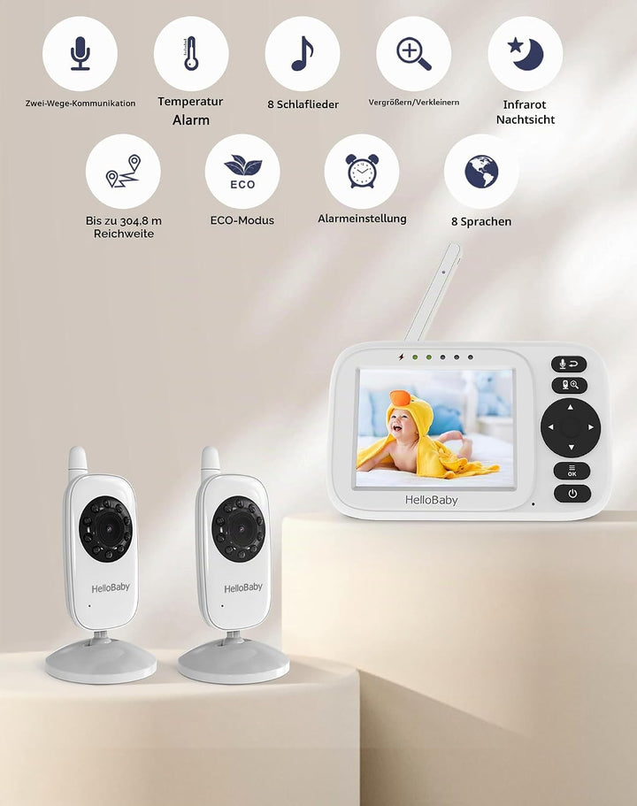 HelloBaby Babyphone mit 2 Kameras ohne WLAN, 3,2 Zoll Bildschirm