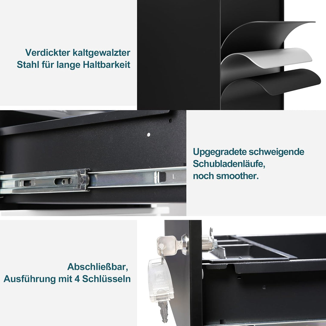 LVSTEEL Rollcontainer mit Schubladen, Mobiler Aktenschrank unter Schreibtisch, Abschliessbarer Büros