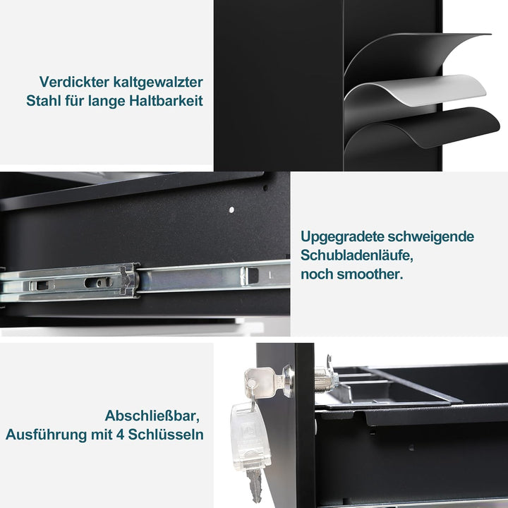 LVSTEEL Rollcontainer mit Schubladen, Mobiler Aktenschrank unter Schreibtisch, Abschliessbarer Büros