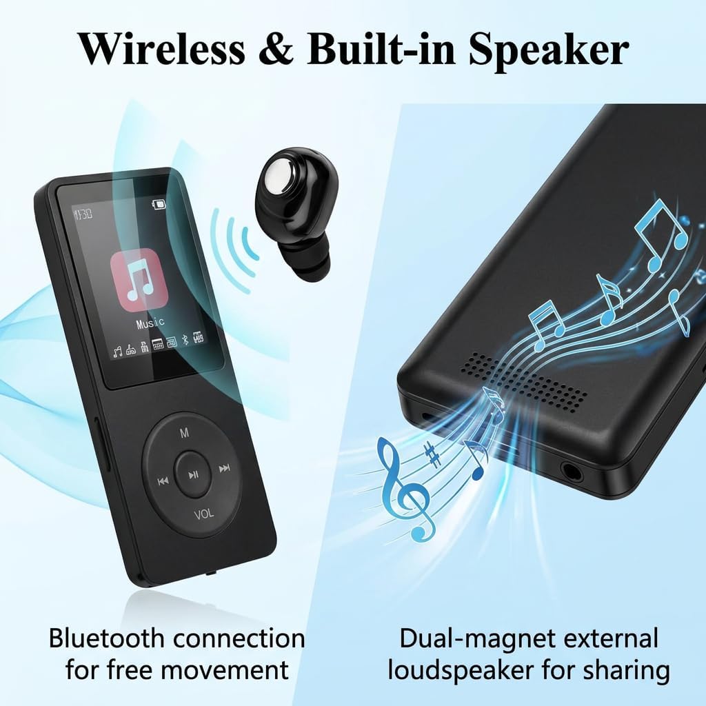 MP3-Player Bluetooth 5.3 mit 64 GB Speicher, tragbarer HiFi-Musikplayer mit integriertem Lautspreche