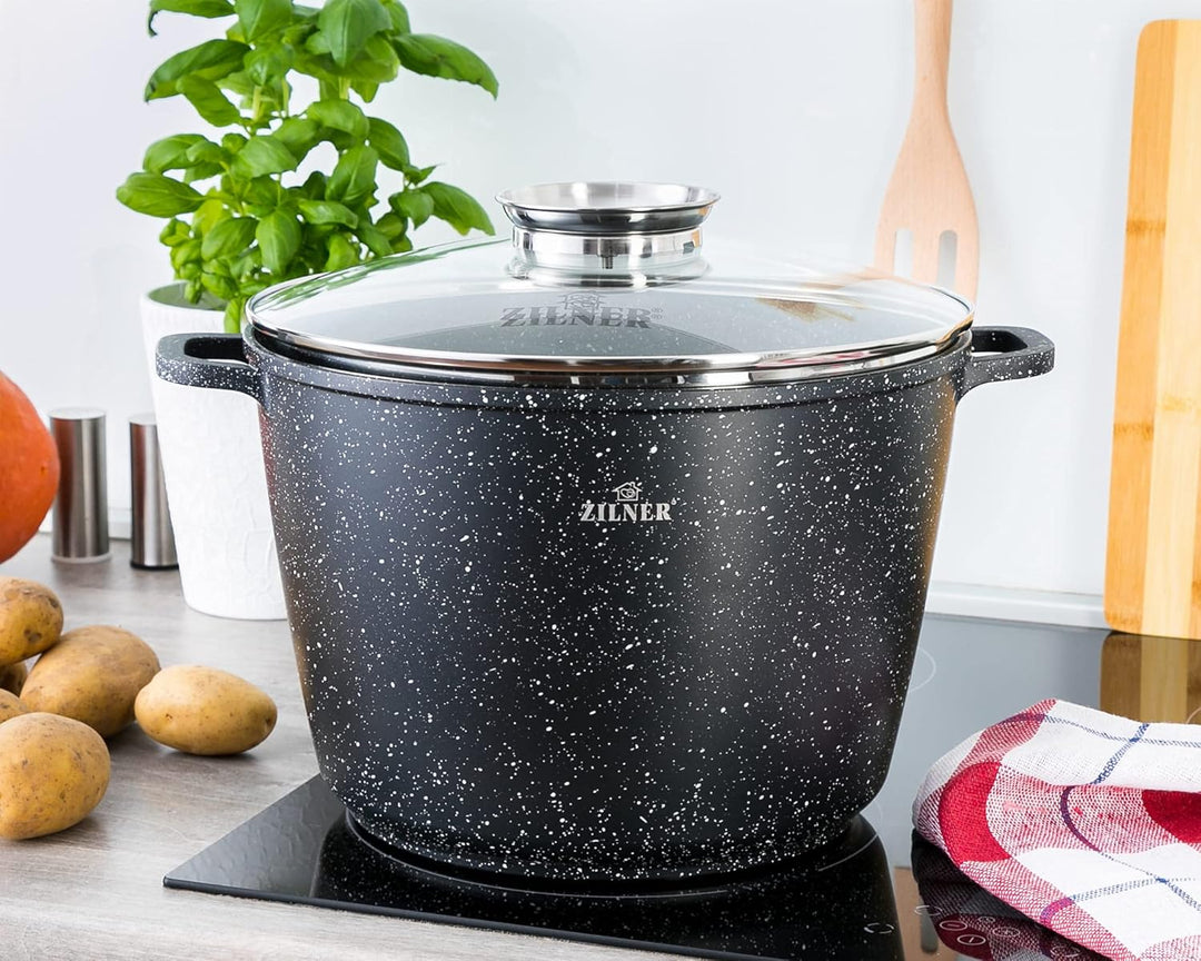Zilner Topf 10,2 L - Robuster Kochtopf mit Deckel mit Aroma-Knopf - Marmorbeschichtung - für alle He