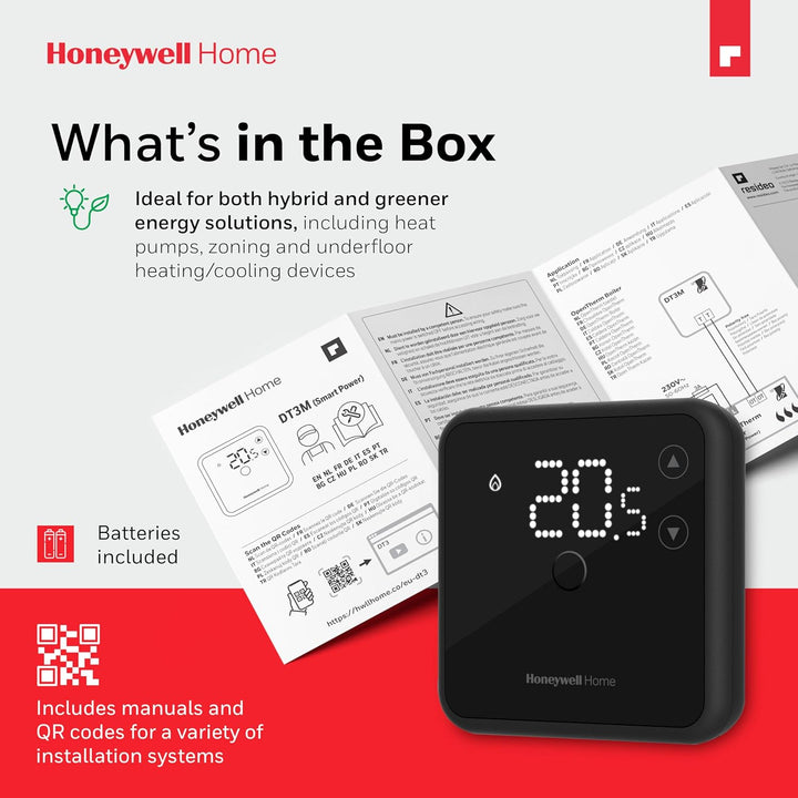 Honeywell Home DT3 Verdrahteter Raumthermostat, EIN/Aus Verkabelt | Premium Schwarz, Verkabelt | Pre