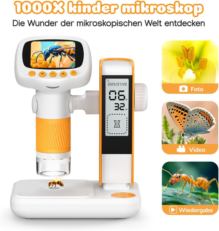 Digitales Mikroskop für Kinder mit Wecker, Tragbares Kinder Mikroskop mit 1000x Vergrösserung, 2 Zol
