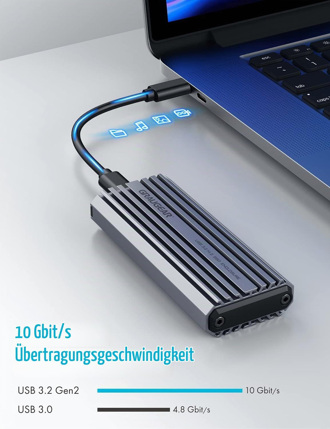 GRAUGEAR | Aluminium-Gehäuse f. M.2 NVMe SSD | USB 3.2 (Gen2, 10 Gbit/s) | Zwei Kabel USB-C &amp; USB-A