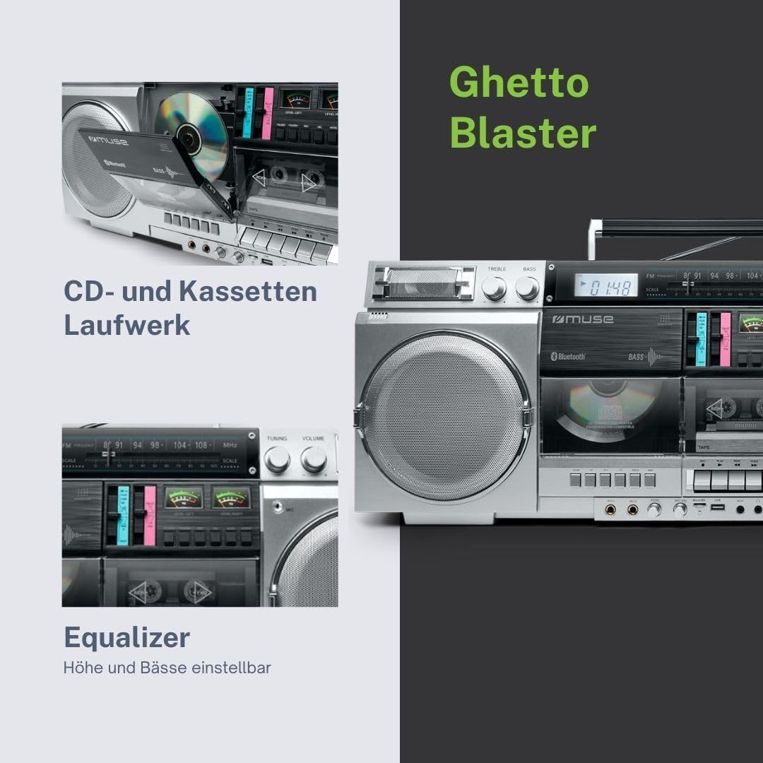MUSE M-380GBS Retro Kassetten Boombox mit CD-Player, AUX und Bluetooth, Smartphone kompatibel, Kasse