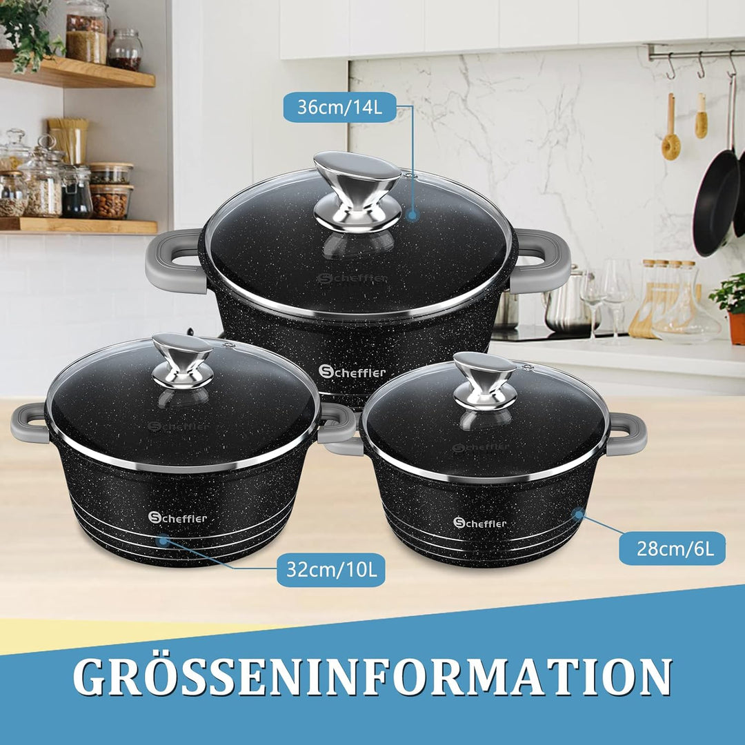 Scheffler Topfset mit Glasdeckel, 28cm,6L/32cm,10L, /36cm,14L, Kochtopf Set Induktions Töpfe Set, mi
