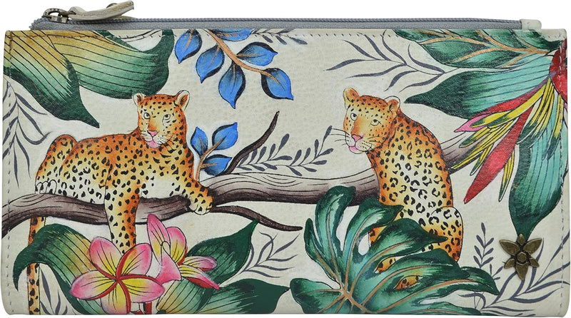Anuschka Handbemalte Damenbörse mit RFID-Schutz aus echtem Leder - Jungle Queen Ivory, Jungle Queen