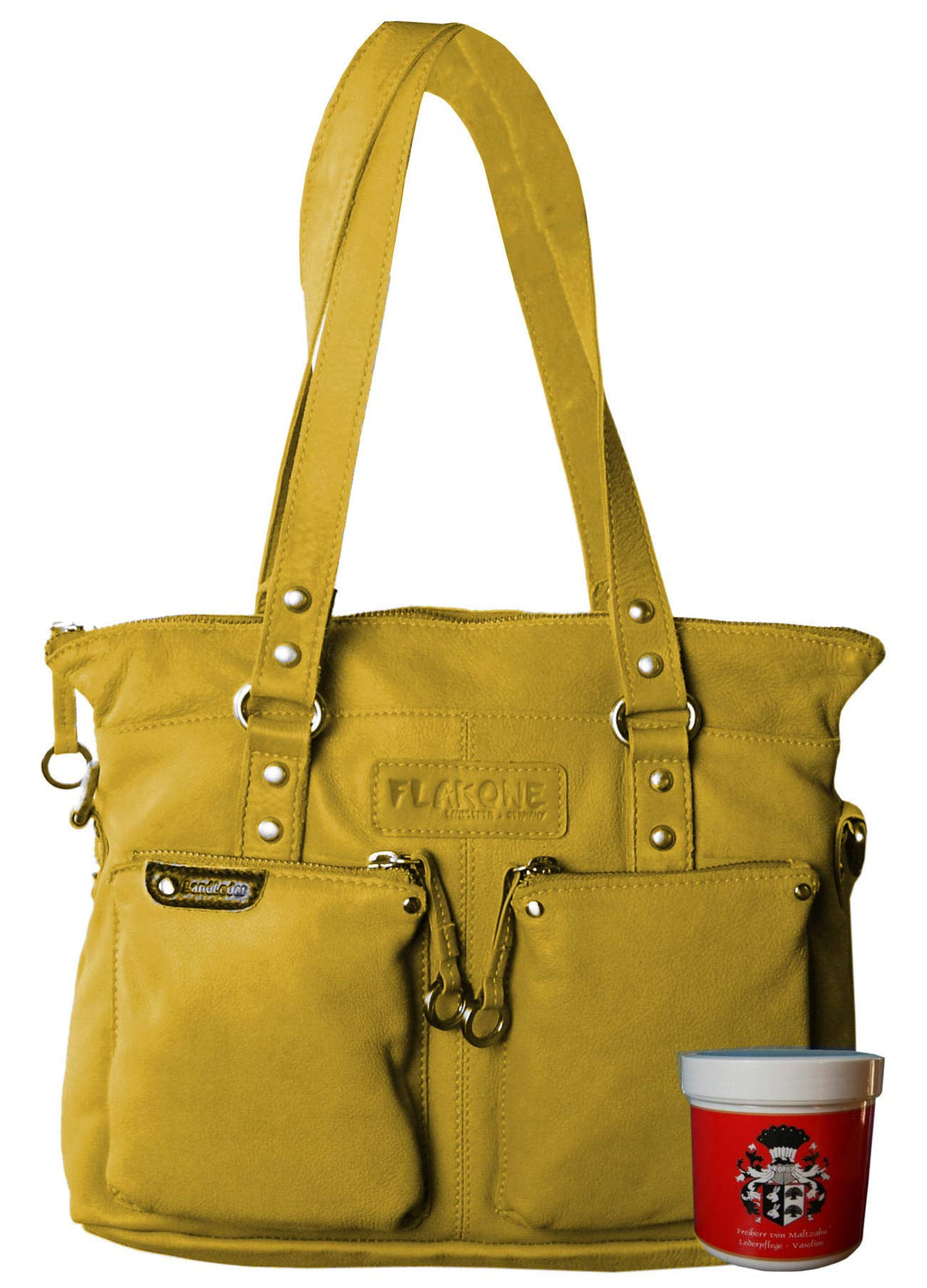 LL Baron of MALTZAHN Damen Schultertaschen FLAKONE Yellow-Corn Shopper-718 aus Leder incl. Lederpfle