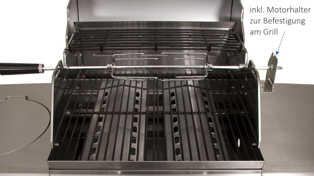 BBQ-Toro Grillspiess Set, 120 cm, inkl. Edelstahl Motor, 220V - 240V, inkl. 2 Stück Fleischklammern,