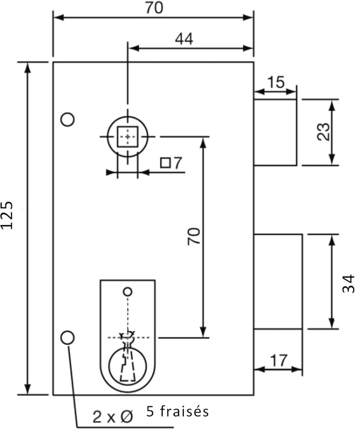 Yale Vertikales Türschloss mit Bolzen – Achse 44 mm, quadratisch 7 mm – Installation Tür rechts – id