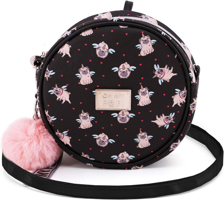 Oh My Pop! Pug-Runde Schultertasche, Schwarz