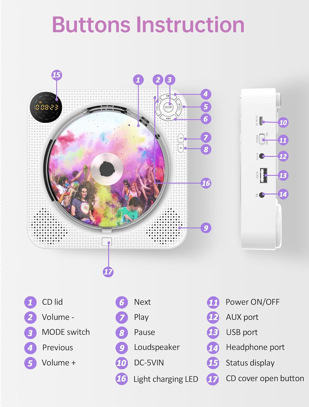 DESOBRY CD Player Bluetooth mit HiFi Lautsprechern, UKW-Radio Boombox mit Fernbedienung, LED Bildsch
