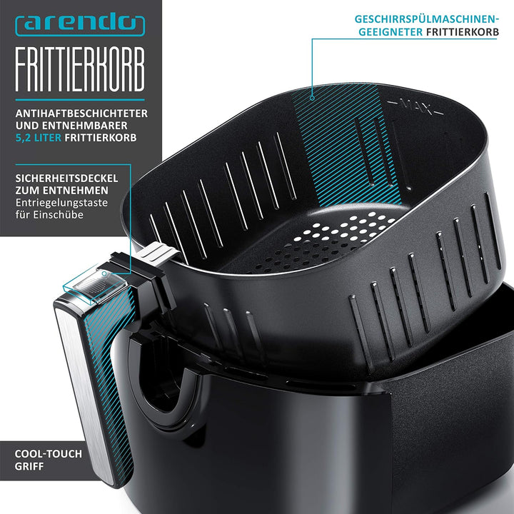 Arendo - Heissluftfritteuse XXL 5,2 Liter - Airfryer - Touch Bedienfeld mit Sensortasten - Frittiere