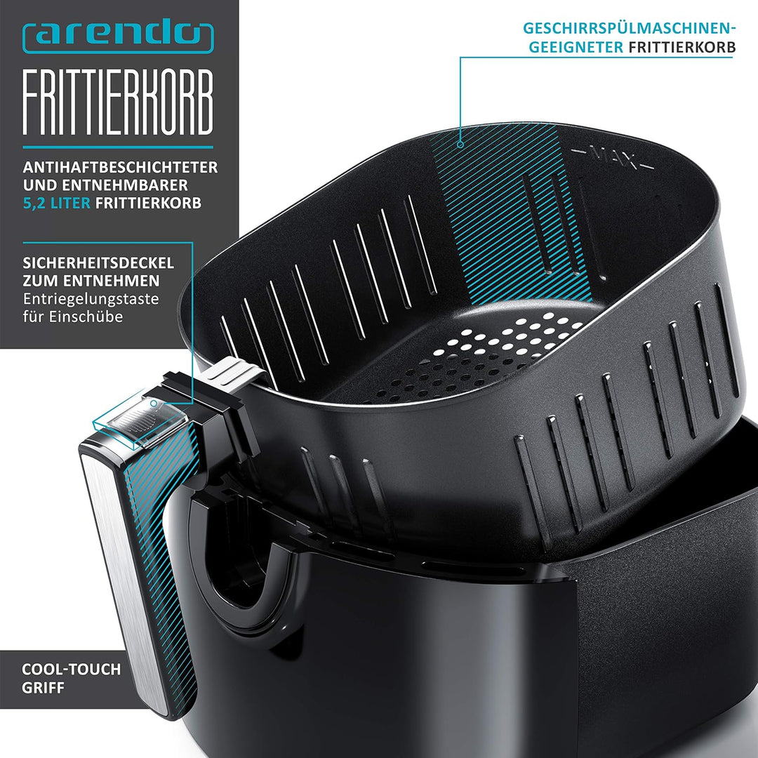Arendo - Heissluftfritteuse XXL 5 Liter - Airfryer - Frittieren ohne Öl - Fritteuse mit 1800W - bis