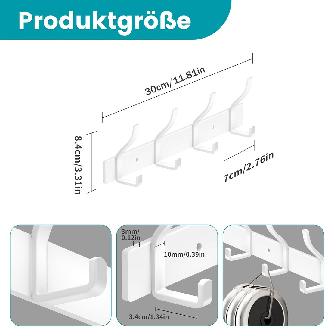 Garderobenhaken Edelstahl Garderobenleiste Weiss Kleiderhaken Wand Wandhaken mit 8 Haken, Hakenleist