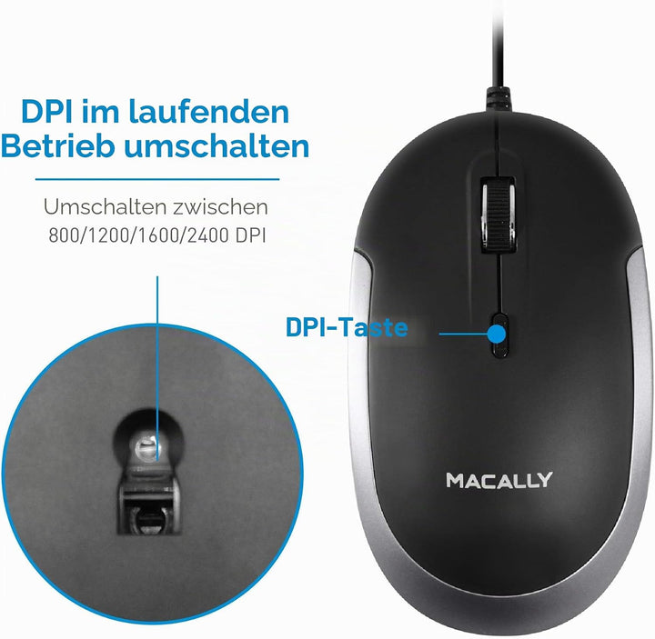 Macally DYNAMOUSE, MacBook Maus mit 3 Tasten und Scrollrad, optisch mit Kabel, Mouse für USB-A Noteb
