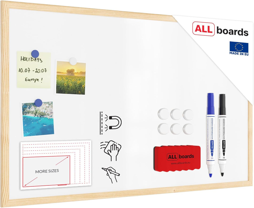 ALLboards Whiteboard mit Holzrahmen 80x50cm Magnettafel Weiss Magnetisch, Trocken Abwischbar 80x50cm