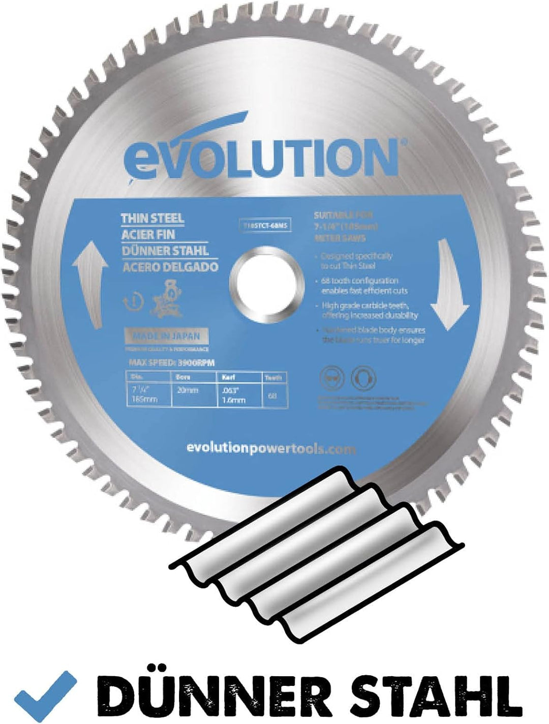 Evolution T185TCT-68MS - 185 mm Sägeblatt zum Schneiden von Dünnstahl - Metall-Sägeblatt mit 68 Zähn