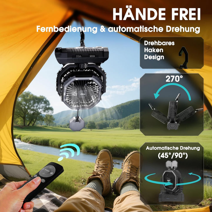 Camping Ventilator 20000mAh, Wiederaufladbarer Tischventilator USB Ventilator mit LED Licht & Haken,