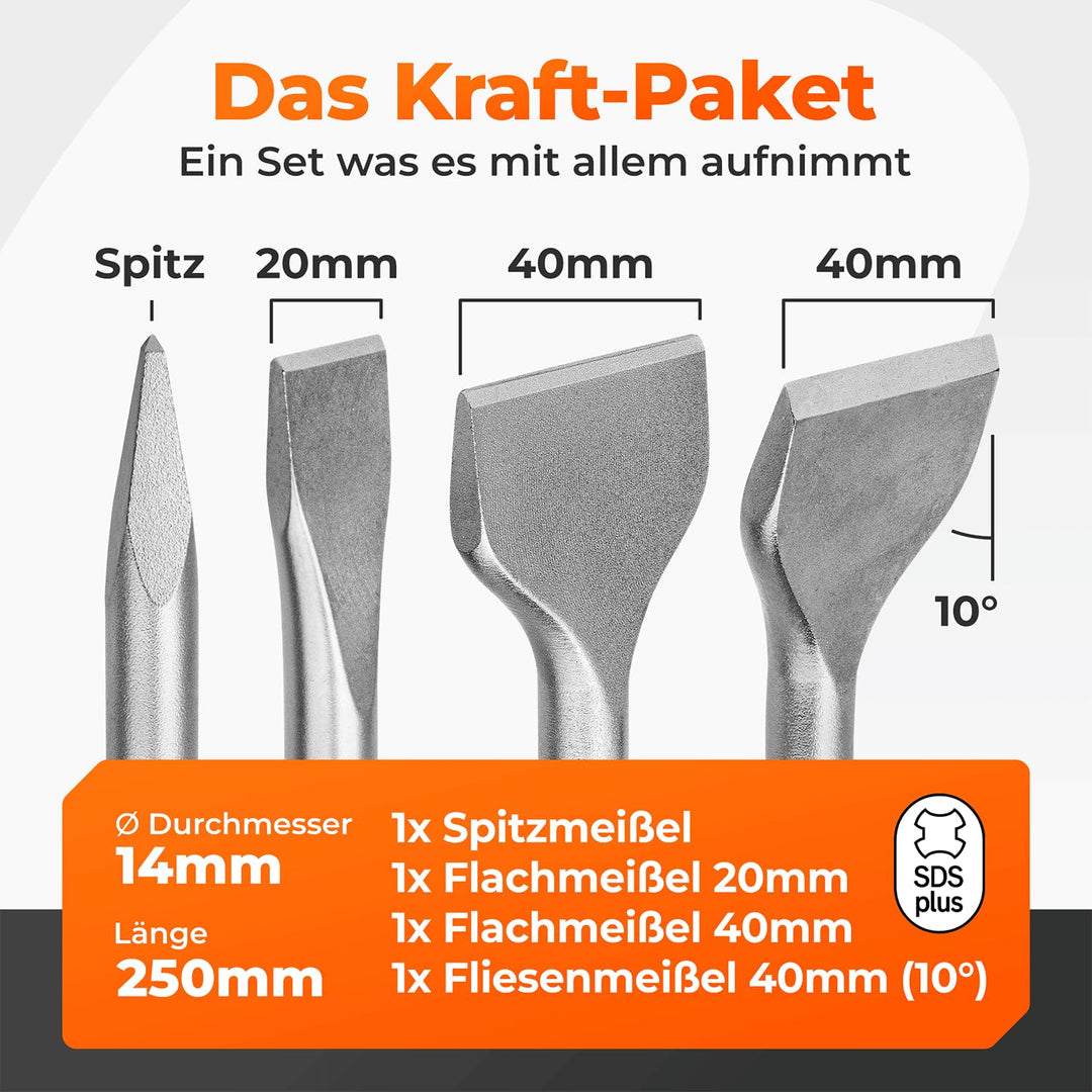 BAUBECK Meissel Set für Beton & Mauerwerk - SDS Plus - LONG LIFE [4tlg] - 250mm lang, angewinkelt un
