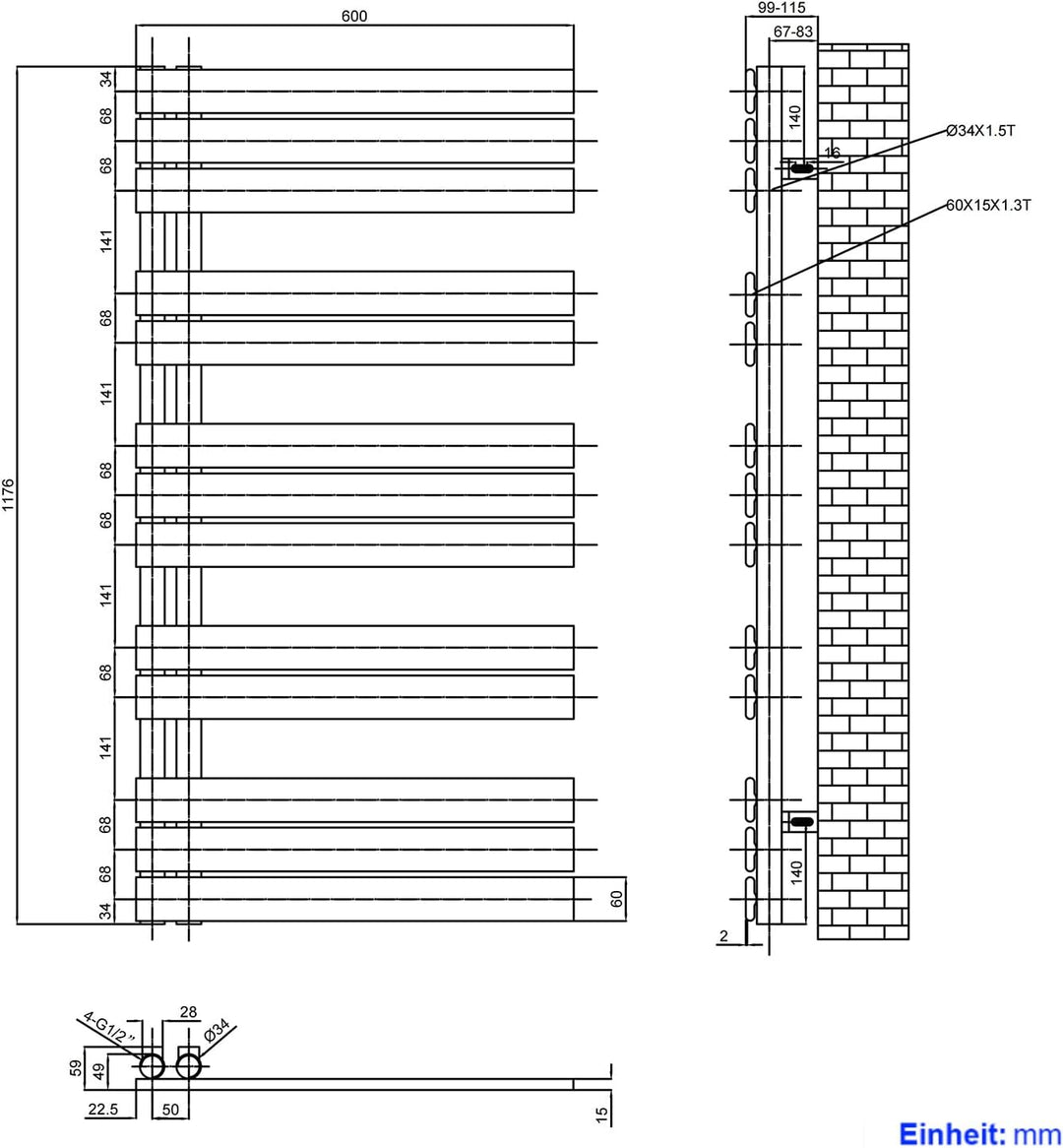 Heilmetz Badheizkörper Anthrazit Handtuchtrockner Heizung 600 x 1385 mm Bad Heizkörper Handtuchheizk