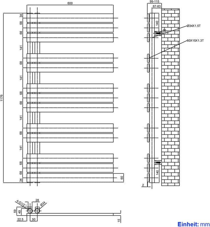 Heilmetz Badheizkörper Anthrazit Handtuchtrockner Heizung 600 x 1385 mm Bad Heizkörper Handtuchheizk