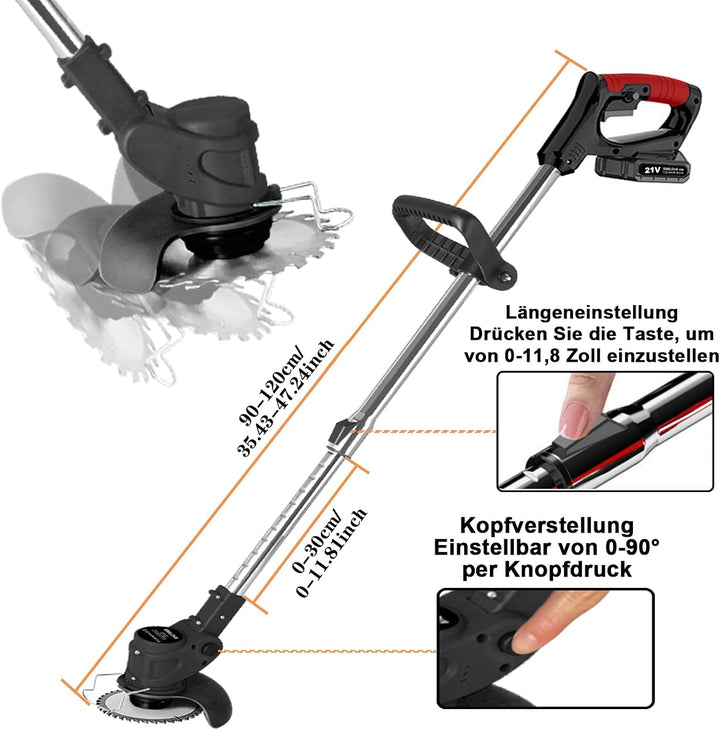SMILOVII Rasentrimmer Mit Akku, Motorsense akku Mit 2x2000mAh Batterie, 6X Metallklinge & 10x Kunsts