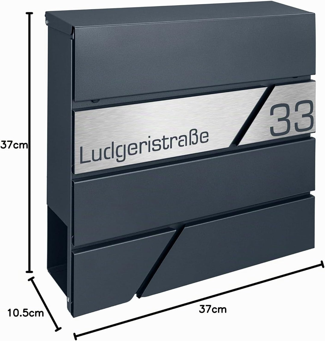 Briefkasten mit Zeitungsfach in Anthrazit, Edelstahlbriefkasten, Wandbriefkasten Briefkasten mit Sch