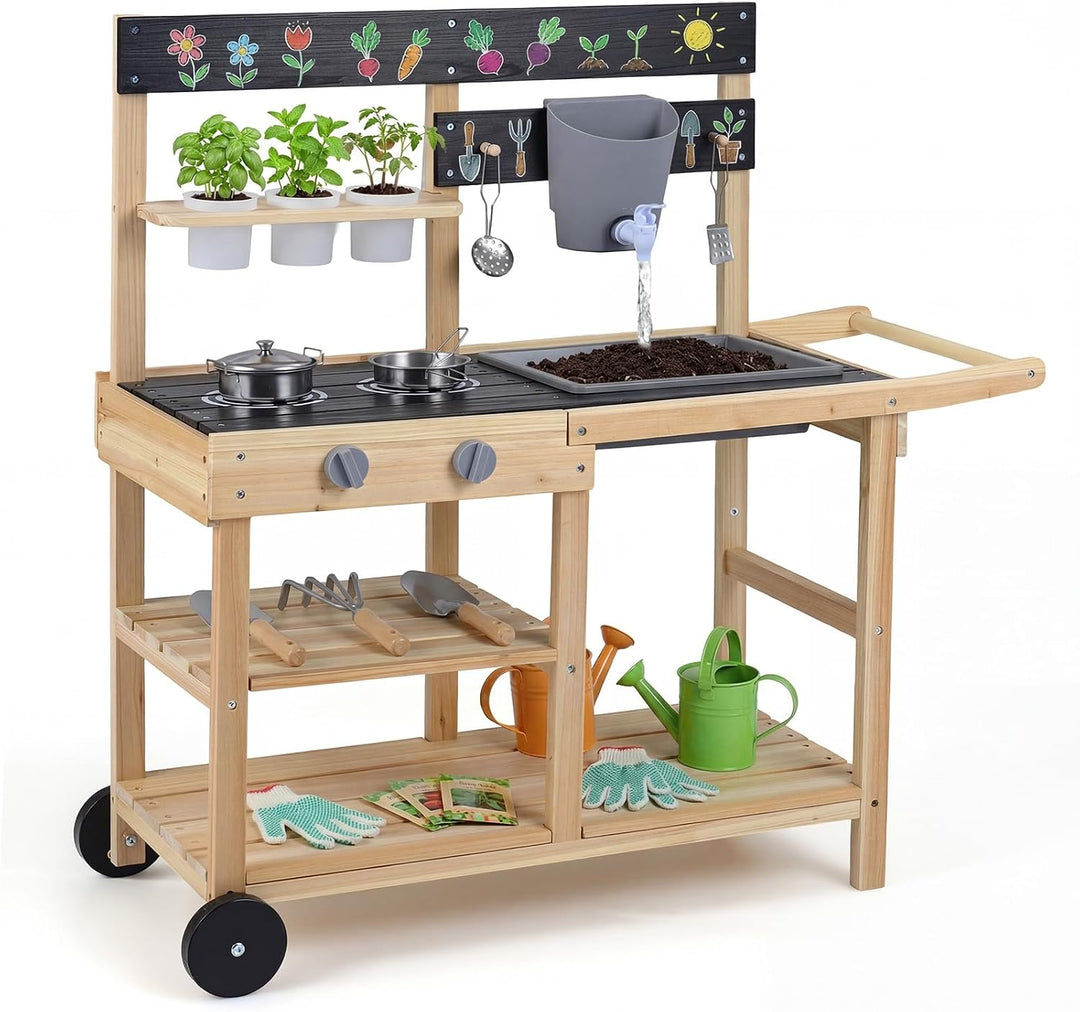 COSTWAY Matschküche Kinder Outdoor, Spielküche mit Wassertank &amp; Wasserhahn | Kinderküche mit Rädern,