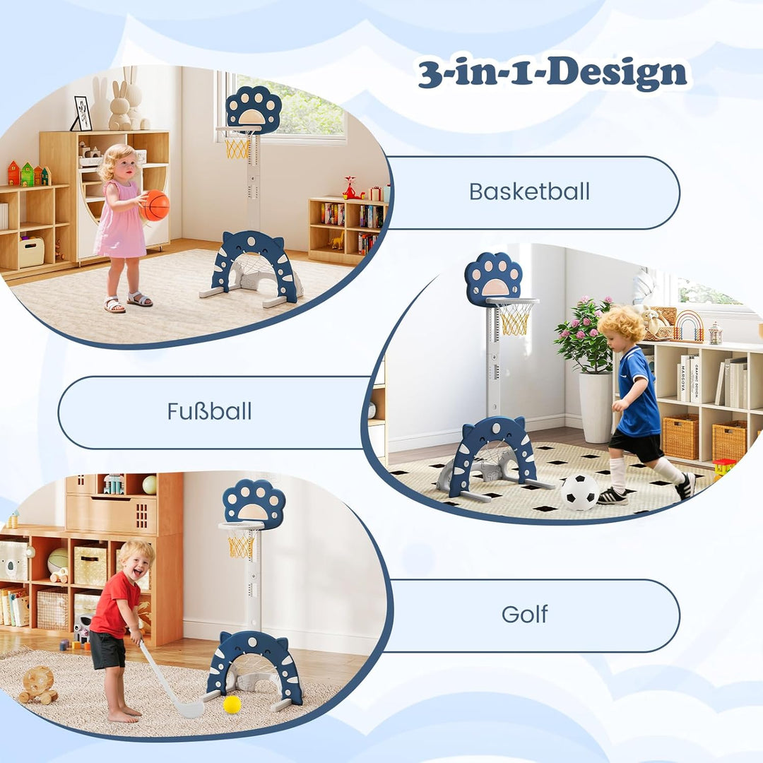 COSTWAY 3 in 1 Kinder Basketballkorb, Basketballständer mit Basketball & Fussball & Golfspiel, Indoo